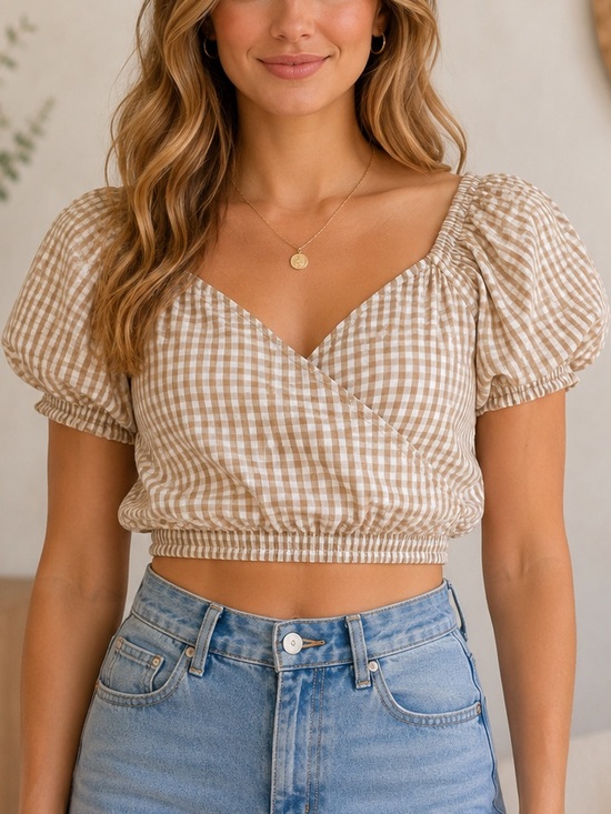 Sim & Sam Tops - Sim & Sam Beige Gingham Puff Sleeve Crop Top Cotton Cottagecore Size Medium